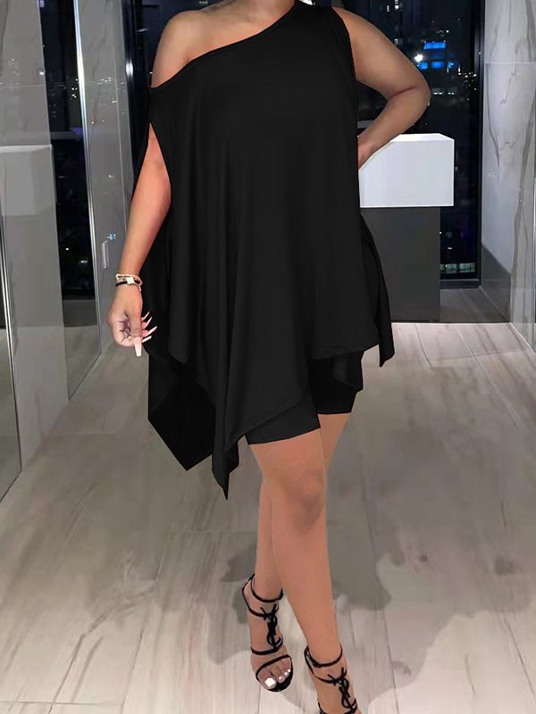 Morchique Solid Asymmetric Top & Biker Shorts Set