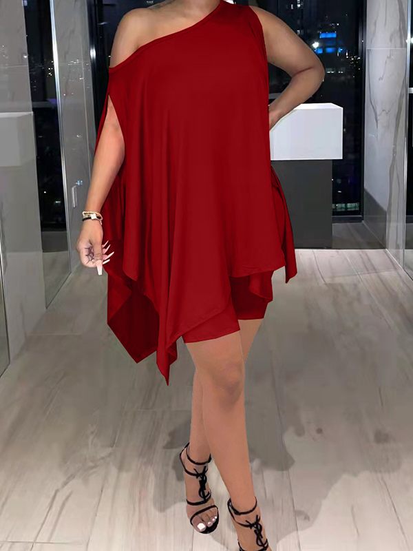 Morchique Solid Asymmetric Top & Biker Shorts Set