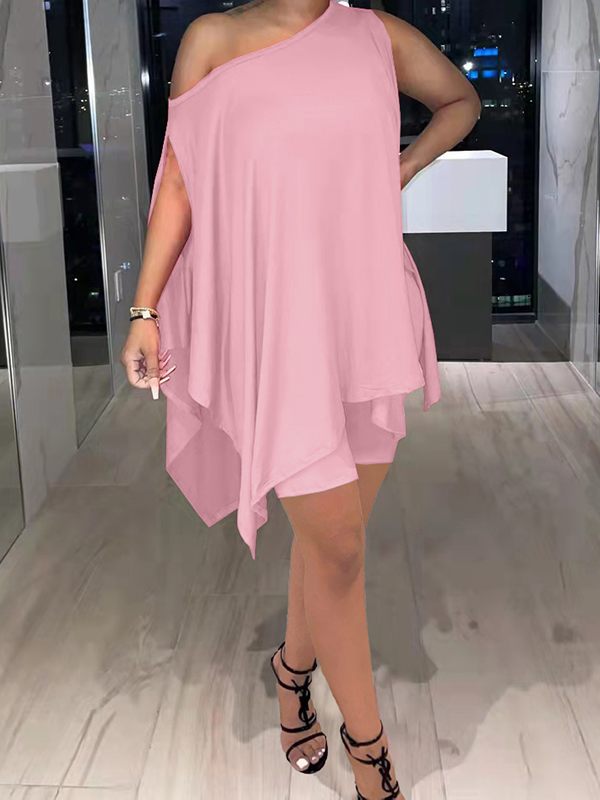 Morchique Solid Asymmetric Top & Biker Shorts Set