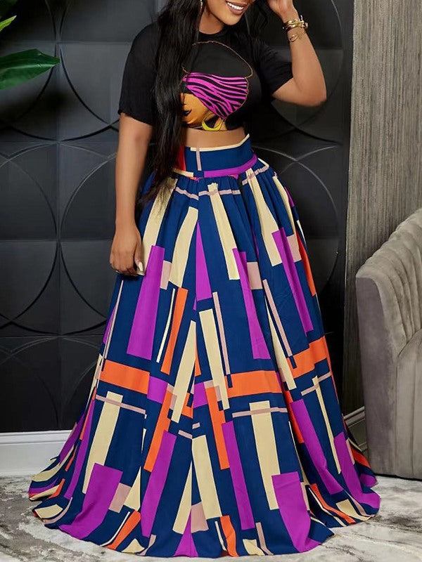 Morchique Graphic Crop Top & Colorblock Slit Skirt Set