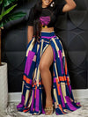 Graphic Crop Top & Colorblock Slit Skirt Set