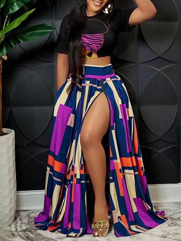 Morchique Graphic Crop Top & Colorblock Slit Skirt Set