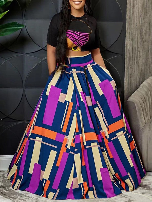 Morchique Graphic Crop Top & Colorblock Slit Skirt Set