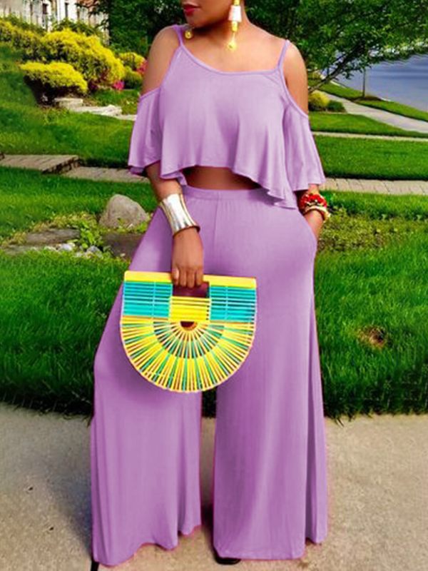 Solid Cold-Shoulder Top & Wide-Leg Pants Set