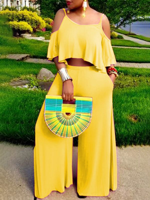 Solid Cold-Shoulder Top & Wide-Leg Pants Set
