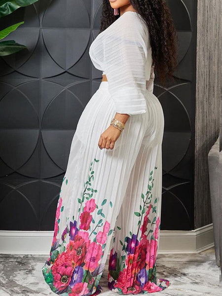 Morchique V-Neck Crop Top & Floral Pleated Pants Set