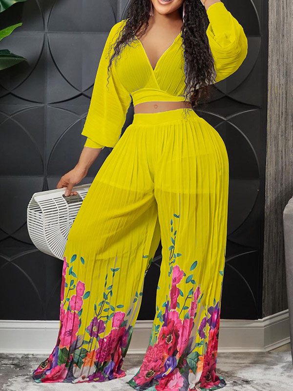 Morchique V-Neck Crop Top & Floral Pleated Pants Set