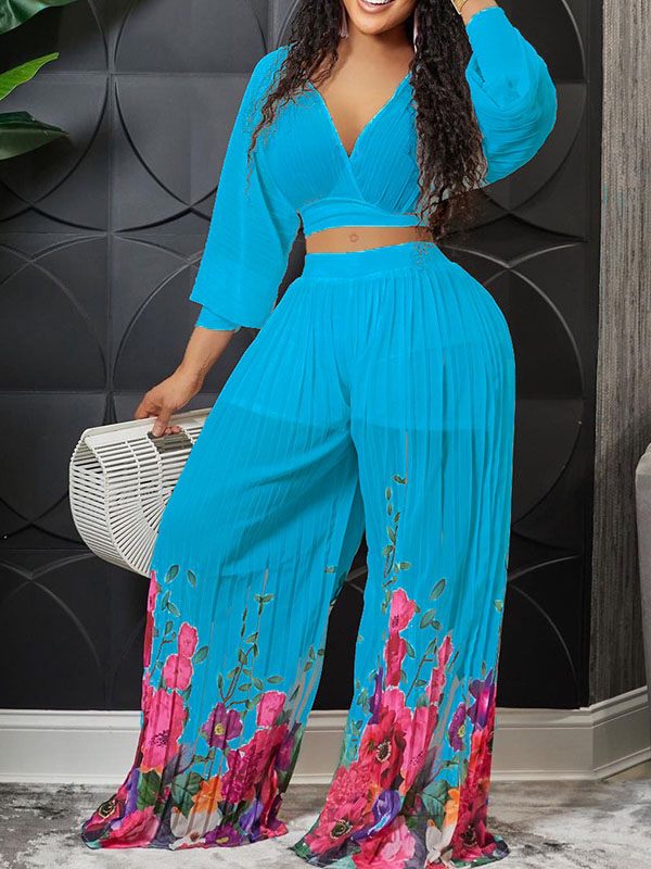 Morchique V-Neck Crop Top & Floral Pleated Pants Set