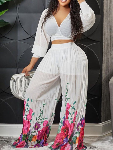 Morchique V-Neck Crop Top & Floral Pleated Pants Set