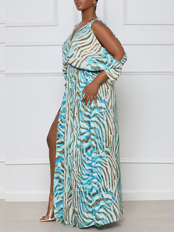 Morchique Printed Cold-Shoulder Slit Dress