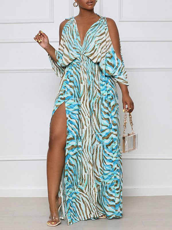 Morchique Printed Cold-Shoulder Slit Dress