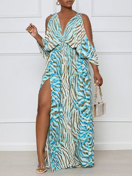 Morchique Printed Cold-Shoulder Slit Dress