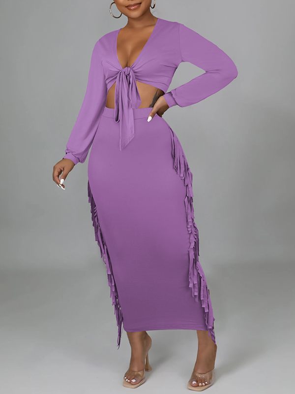 Morchique Solid Tied Crop Top & Fringe Skirt Set