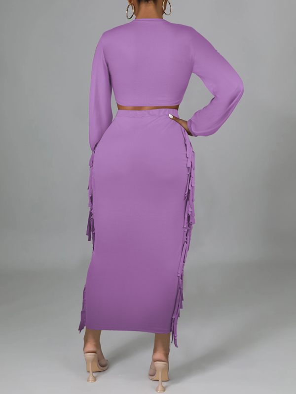 Morchique Solid Tied Crop Top & Fringe Skirt Set
