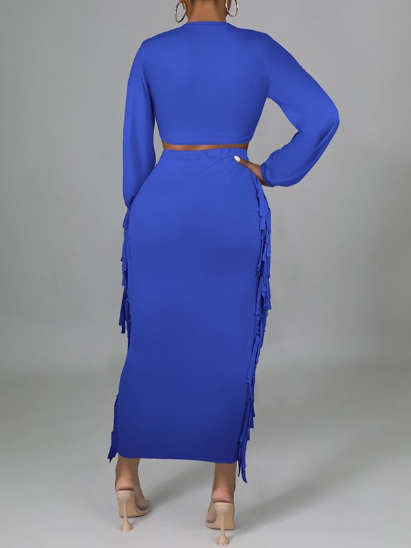 Morchique Solid Tied Crop Top & Fringe Skirt Set