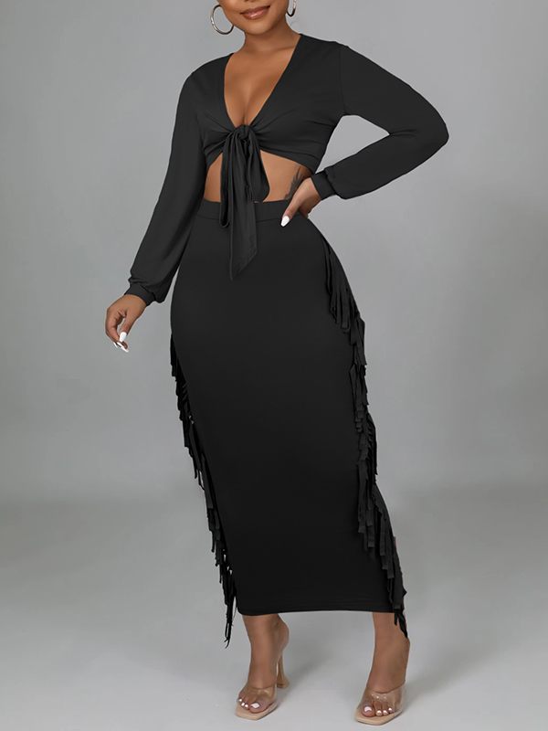 Morchique Solid Tied Crop Top & Fringe Skirt Set