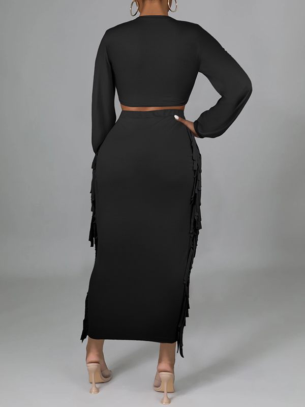 Morchique Solid Tied Crop Top & Fringe Skirt Set
