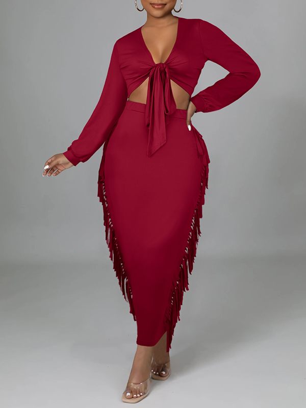 Morchique Solid Tied Crop Top & Fringe Skirt Set