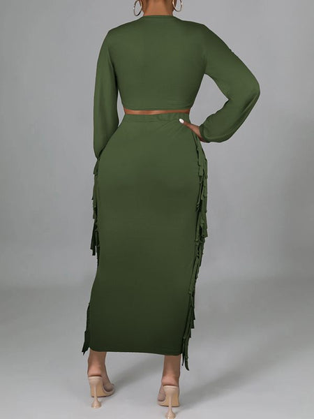 Morchique Solid Tied Crop Top & Fringe Skirt Set