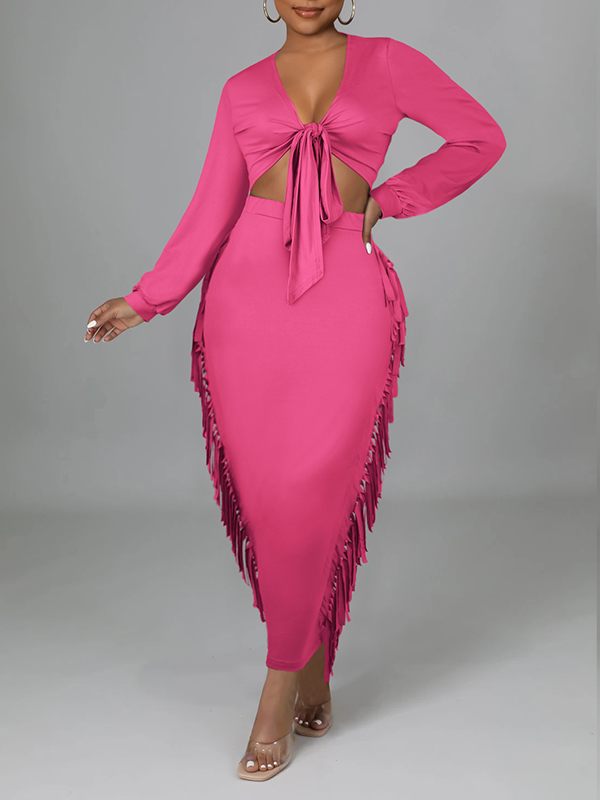Morchique Solid Tied Crop Top & Fringe Skirt Set