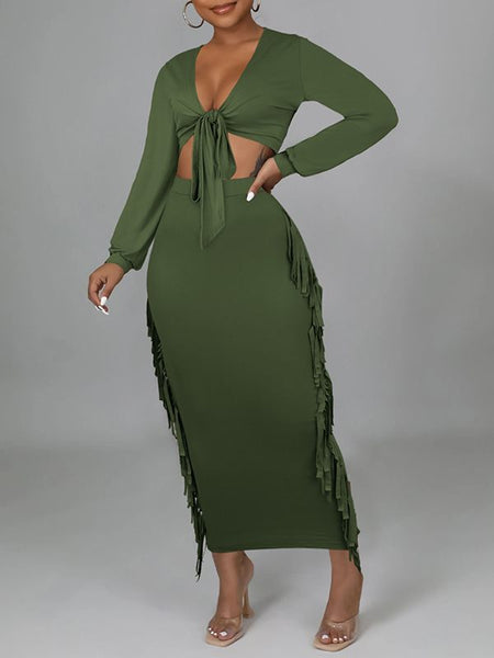 Morchique Solid Tied Crop Top & Fringe Skirt Set