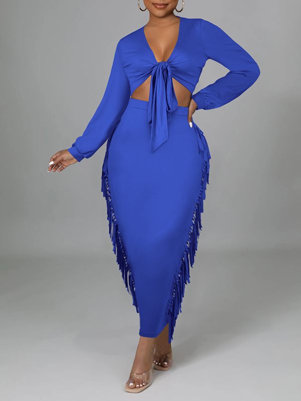 Morchique Solid Tied Crop Top & Fringe Skirt Set