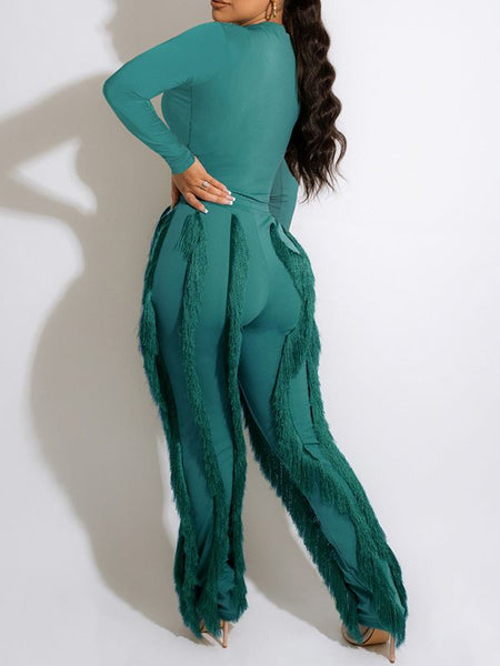 Morchique Solid Bodysuit & Fringe Pants Set