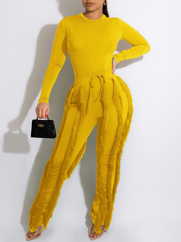 Morchique Solid Bodysuit & Fringe Pants Set