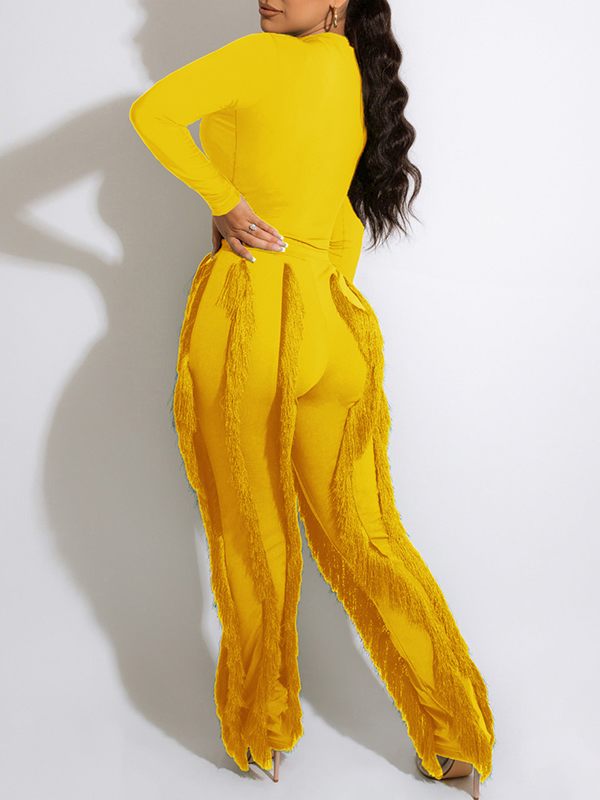Morchique Solid Bodysuit & Fringe Pants Set