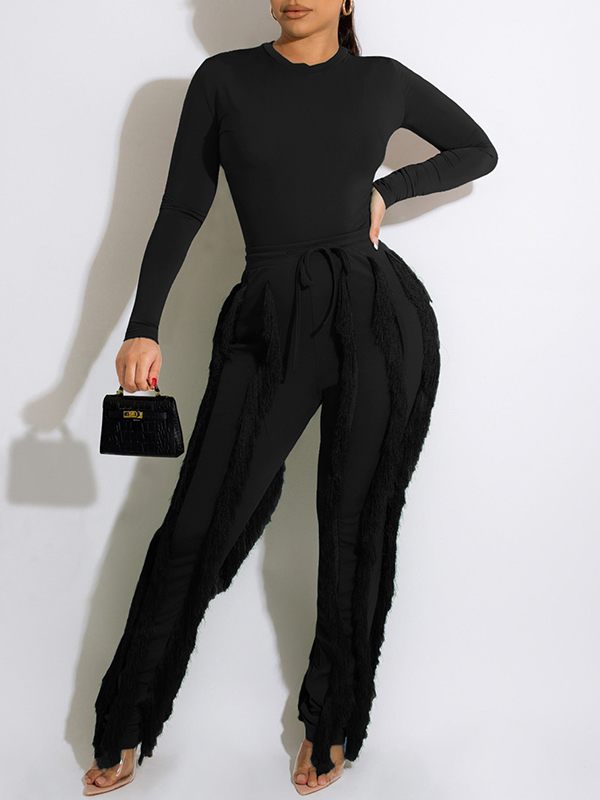 Morchique Solid Bodysuit & Fringe Pants Set