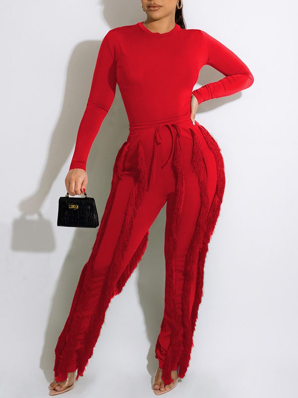 Morchique Solid Bodysuit & Fringe Pants Set