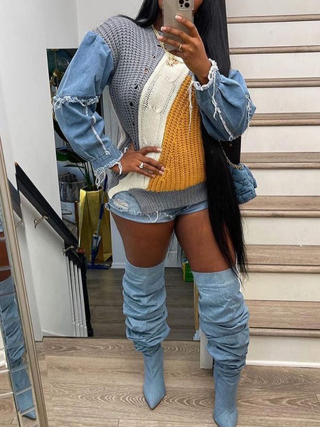 Morchique Denim Combo Colorblock Sweater