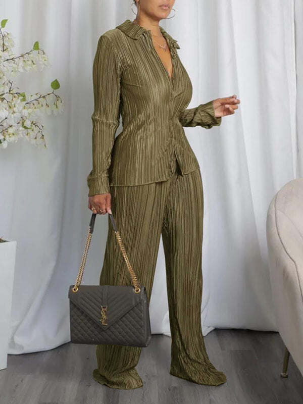 Solid Pleated Shirt & Pants Set