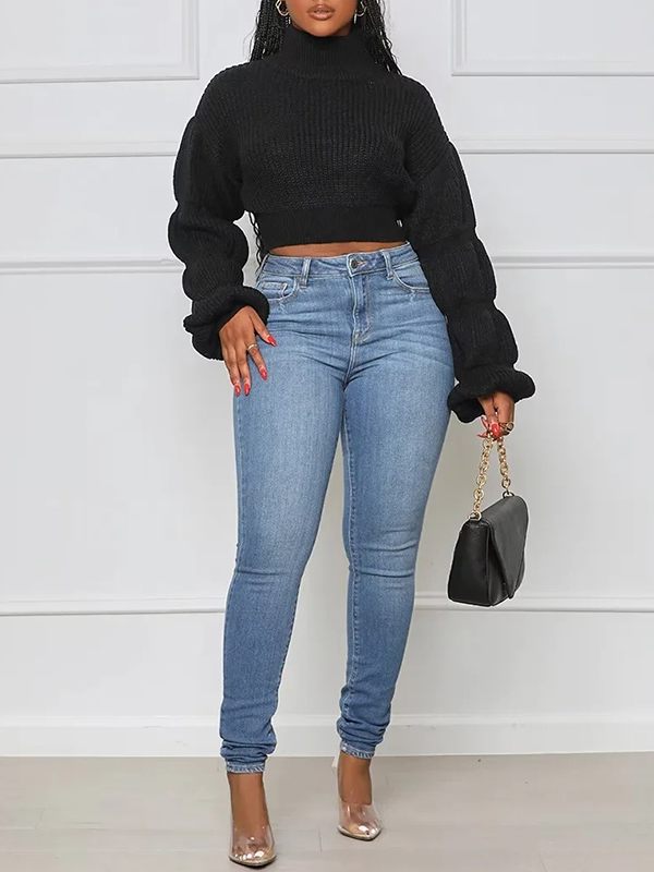 Puff-Sleeve Turtleneck Sweater