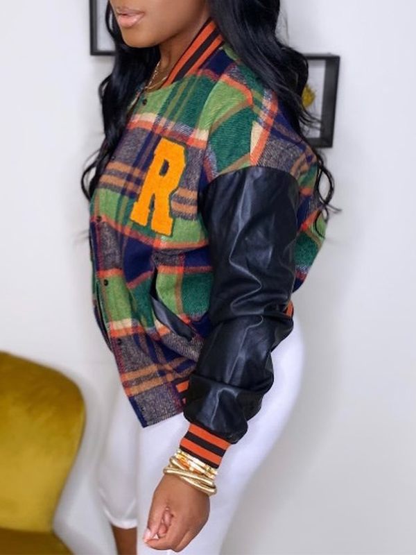 Morchique Faux-Leather Combo Plaid Bomber Jacket