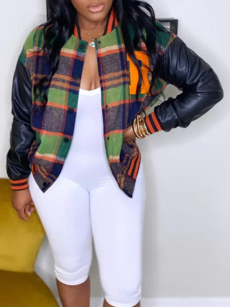 Morchique Faux-Leather Combo Plaid Bomber Jacket