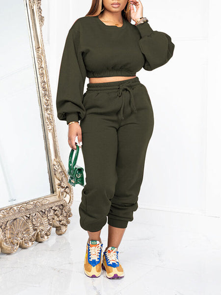 Solid Cropped Sweatshirt & Jogger Pants Set