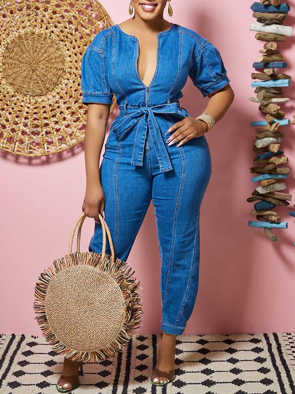 Morchique Zip-Front Tied Denim Jumpsuit