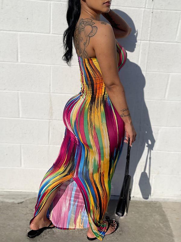 Printed Strapless Slit Dress