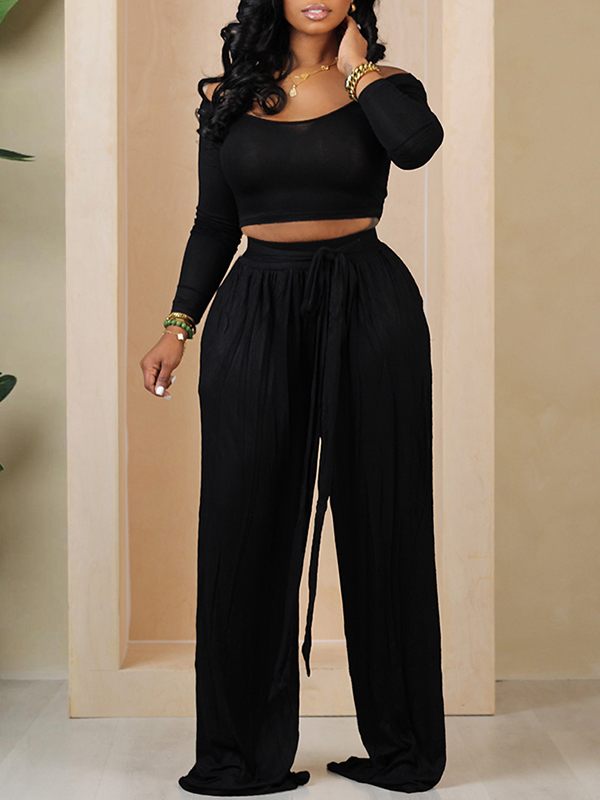 Morchique Solid Boat-Neck Top & Tied Pants Set