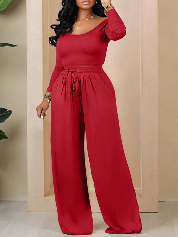 Morchique Solid Boat-Neck Top & Tied Pants Set
