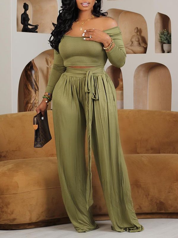 Morchique Solid Boat-Neck Top & Tied Pants Set