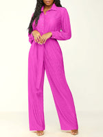 Solid Button-Front Tied Jumpsuit