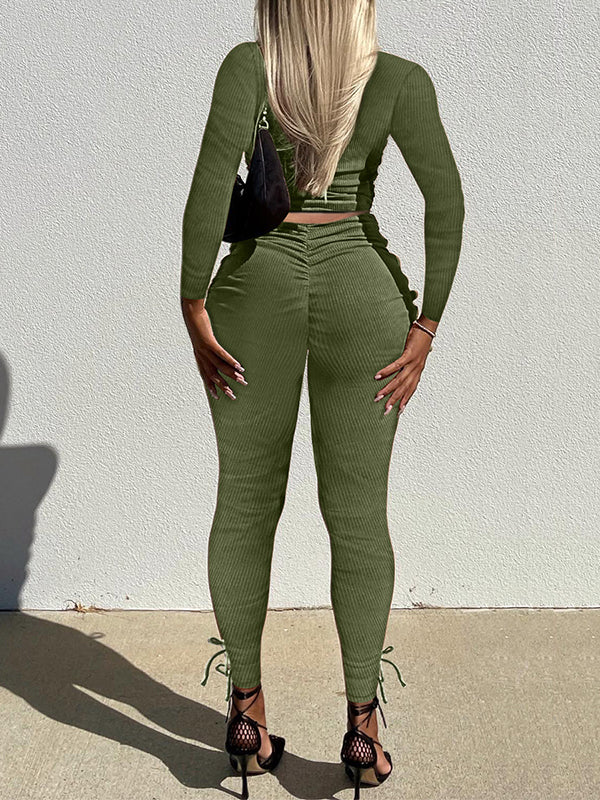Solid Ribbed Tee & Ruched Pants Set