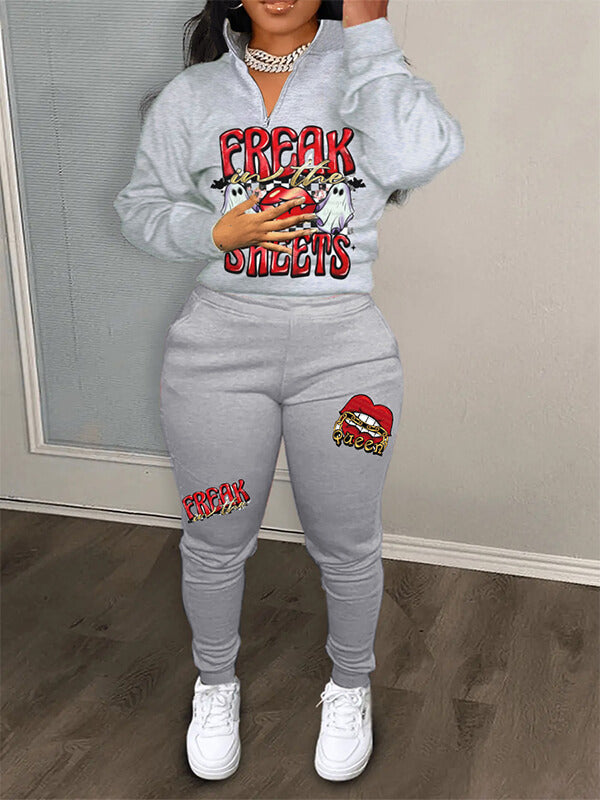 Printed Zip-Front Sweatshirt & Pants Set
