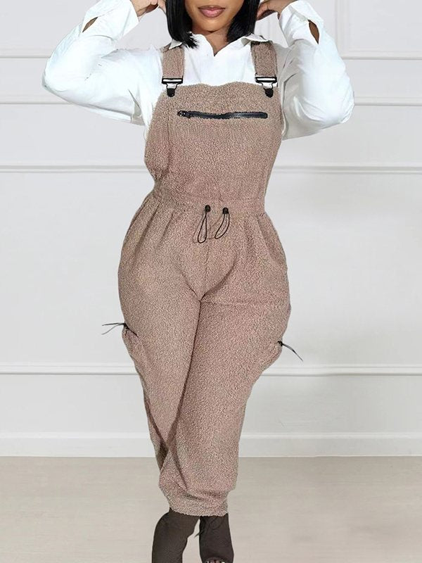 Fuzzy Drawstring Overalls
