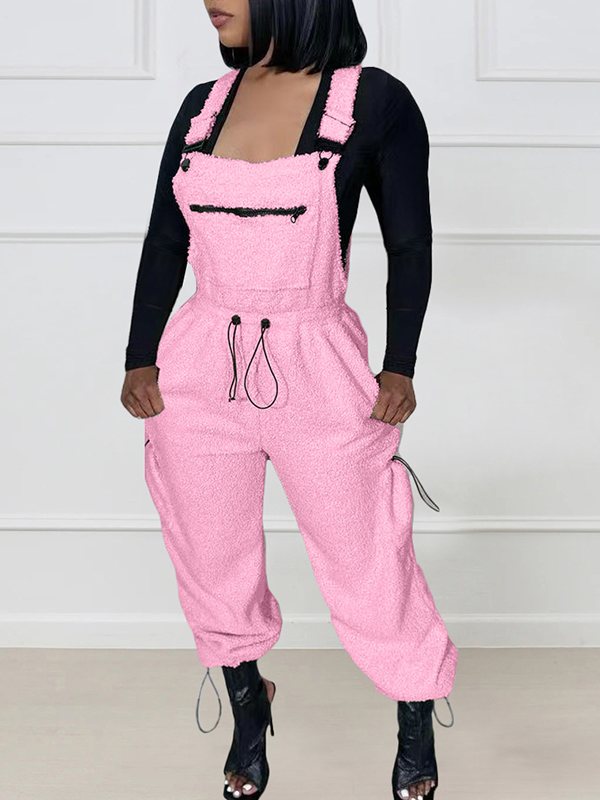 Fuzzy Drawstring Overalls
