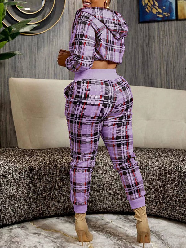 Plaid Zip-Front Hoodie & Pants Set