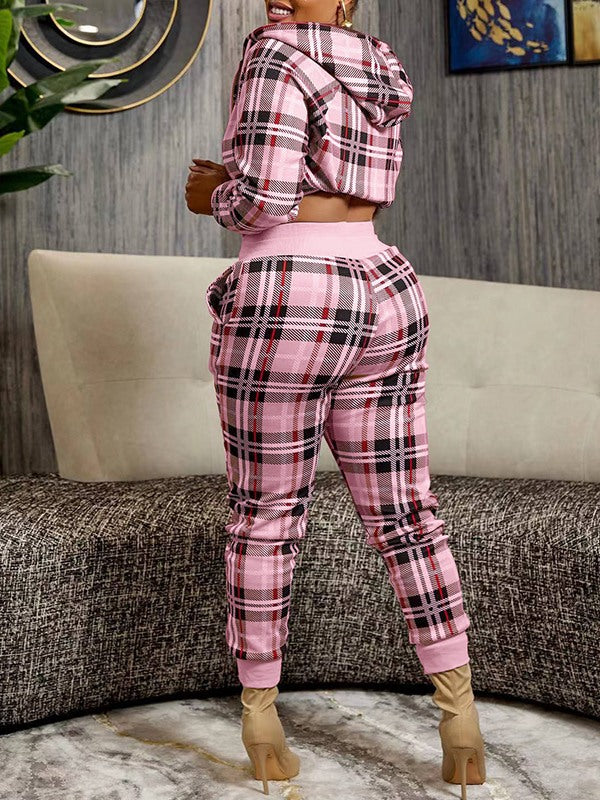 Plaid Zip-Front Hoodie & Pants Set