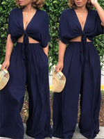 Morchique Knot Front Crop Top & Wide Leg Pants Sets